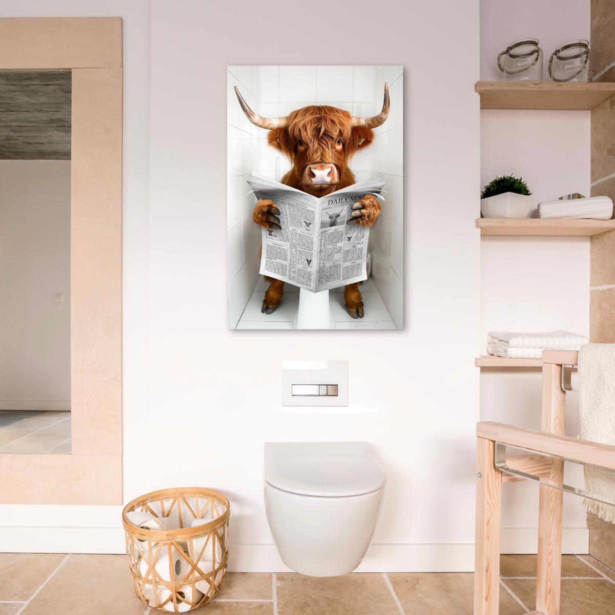 LEINWANDBILD Schottischer Highlander - Tier - Zeitung - Toilette Wanddeko Schlafzimmer 60x90 cm - Kastanienfarben, Textil (60/90cm) - MuchoWow