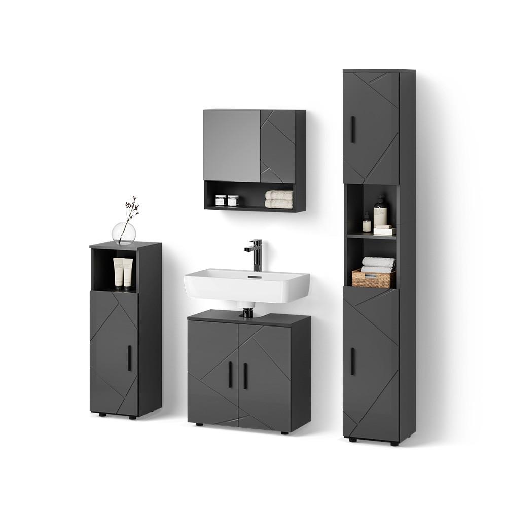 BADMÖBEL-SET Ronco Anthrazit Hochglanz 4 Teile, mit Hochschrank - Schwarz Hochglanz, Holzwerkstoff (60/192/30cm) - Livinity®