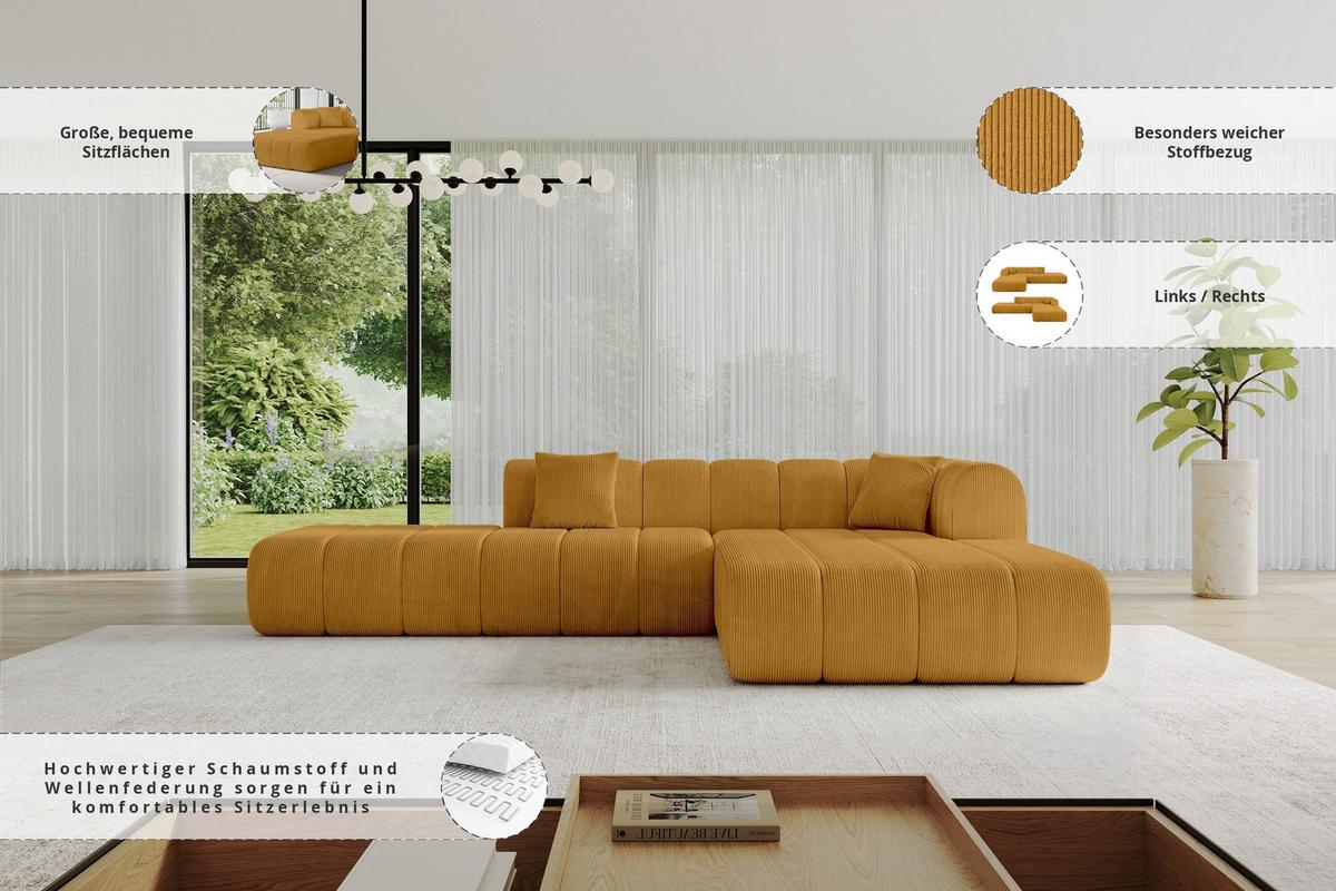 ECKSOFA Ottomane Rechts BILA-L 289x176x71 Senfgelb Cord - Currygelb/Dunkelgelb, Holzwerkstoff/Kunststoff (289/176cm) - ALTDECOR