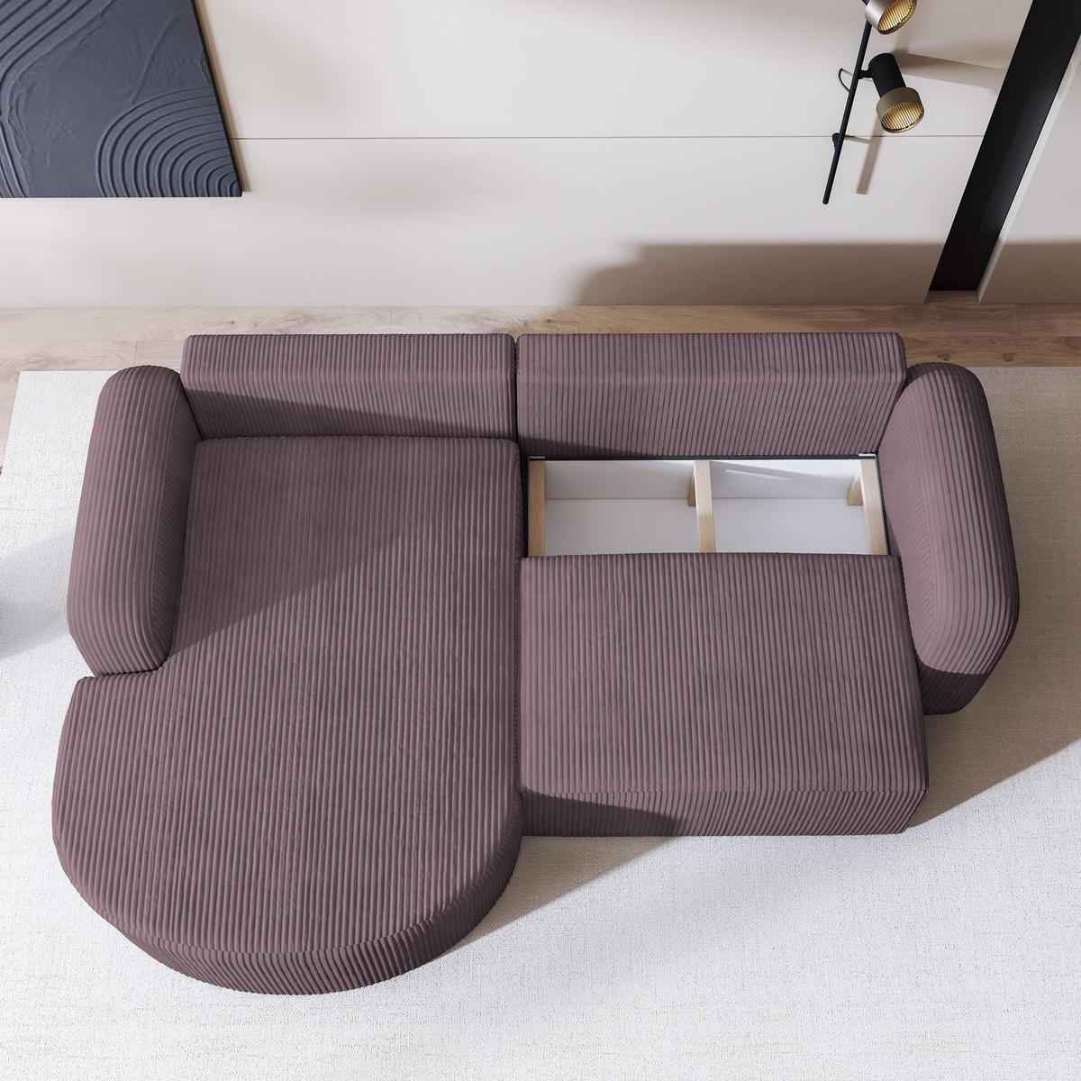 ECKSOFA AMILIA P L-S Lila Kordstoff mit Schlaffunktion - Lila, Holz (263/174cm) - MASSENO