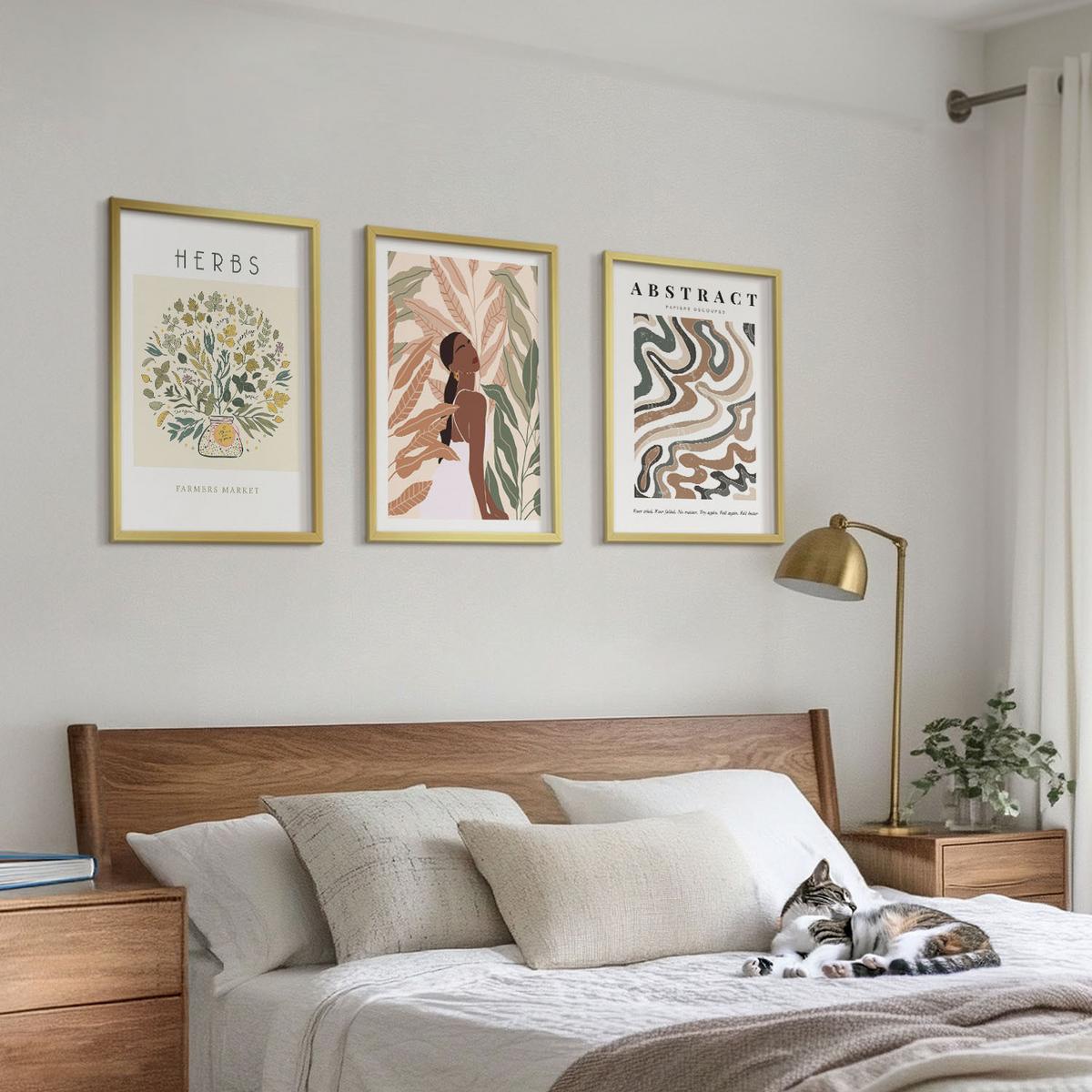 BILDER SET 3er Set - 40x60 cm Goldrahmen - Boho-Pastell-Minimalisten-Poster - Goldfarben, Kunststoff (40/60cm) - TULUP
