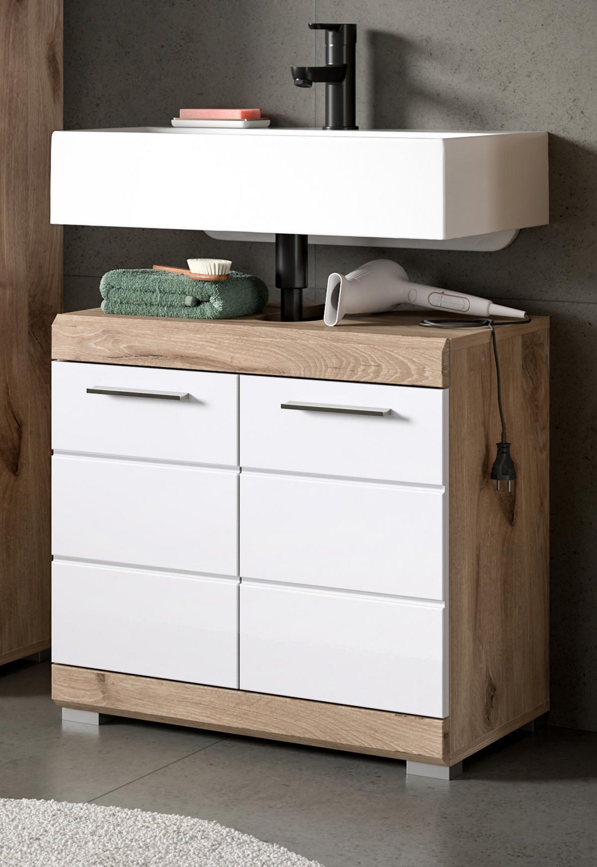 WASCHBECKENUNTERSCHRANK weiß Hochglanz, Eiche 60 cm, 2-türig - Chromfarben/Weiß Hochglanz, Holzwerkstoff/Kunststoff (60/56/31cm) - Inn.Furn
