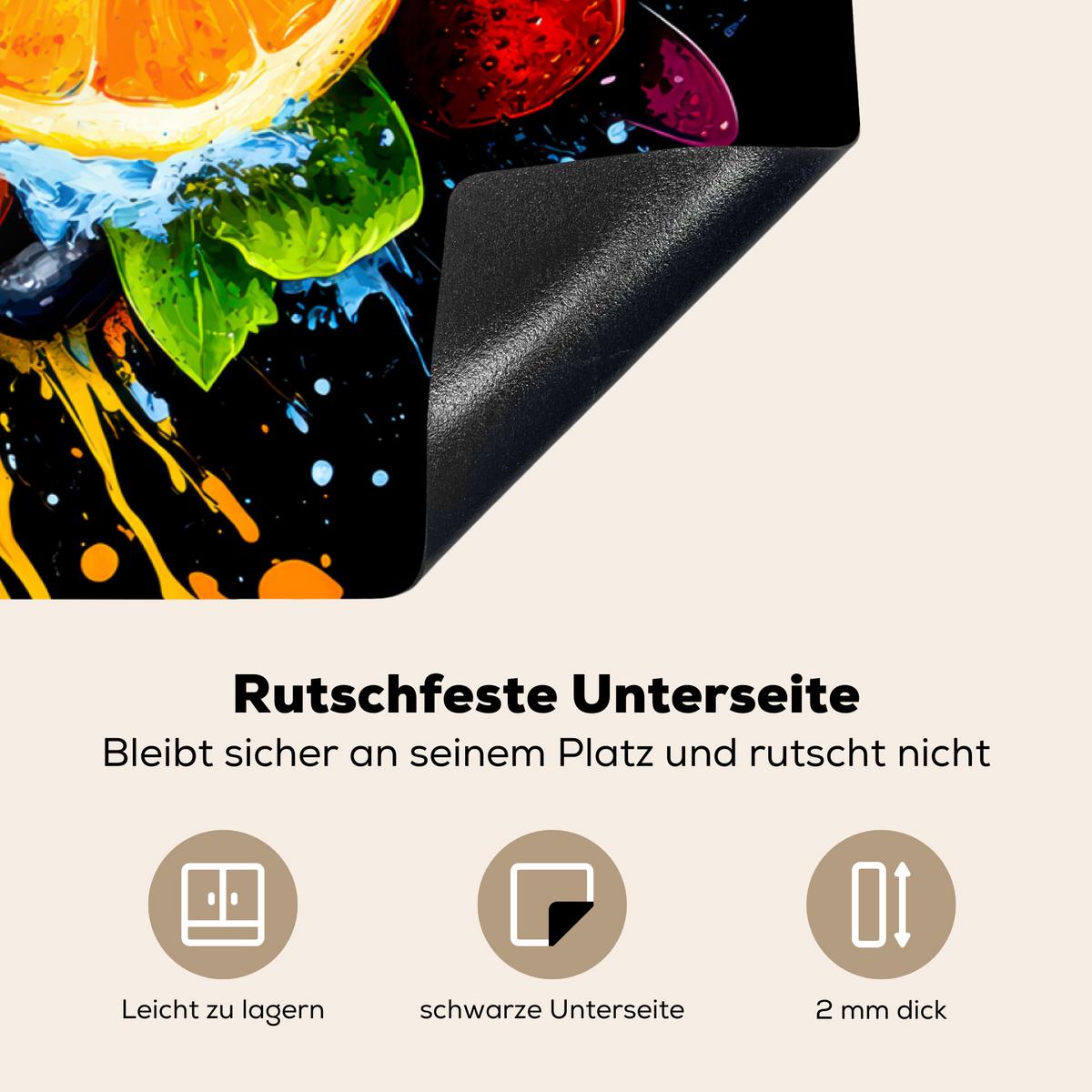 HERDABDECKPLATTE Obst - Graffiti - Bunt - Orange - Erdbeere - Abstrakt Ceranfeldabdeckung 85x52 cm - Orange, Kunststoff (85/52/0.2cm) - MuchoWow