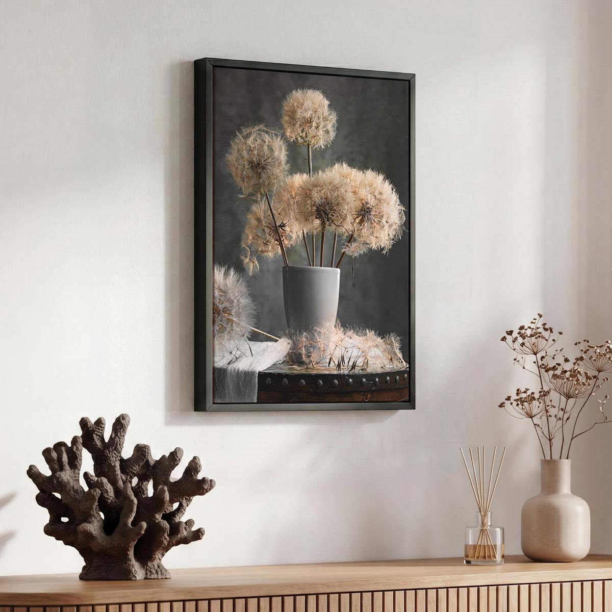 LEINWAND Bilder mit Rahmen - Blumensamen - Löwenzahn - Vase - Stilleben - Blumenstrauß - 30x40 - Dunkelgrau, Textil (30/40cm) - MuchoWow