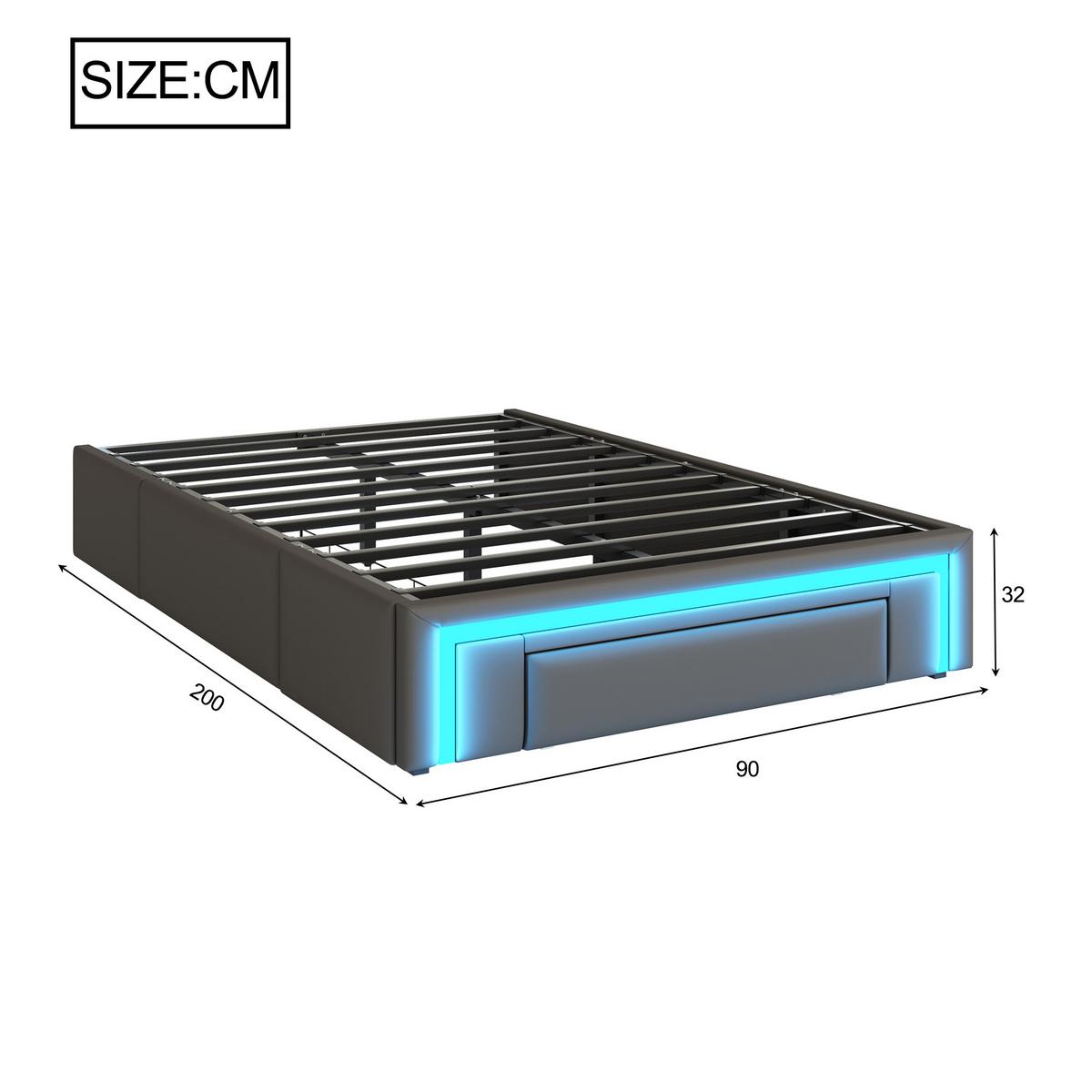 BETT mit Schubladen und LED 90X200 CM - Grau, Holzwerkstoff/Textil - Urban Meuble