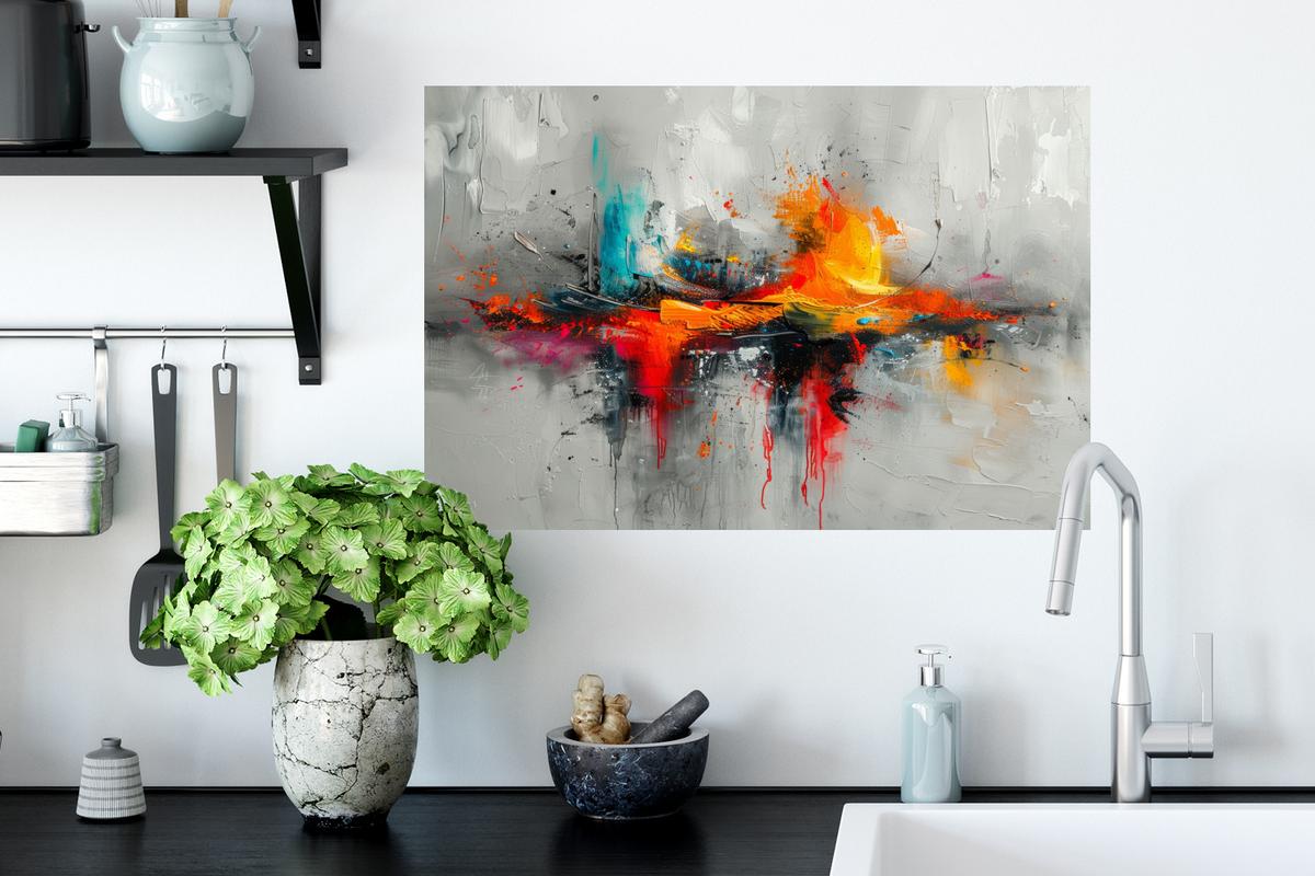 WANDTATTOO Moderne Kunst - Orange - Grau - Abstrakt Deko Wohnzimmer 60x40 cm - Hellgrau, Kunststoff (60/40/0.1cm) - MuchoWow