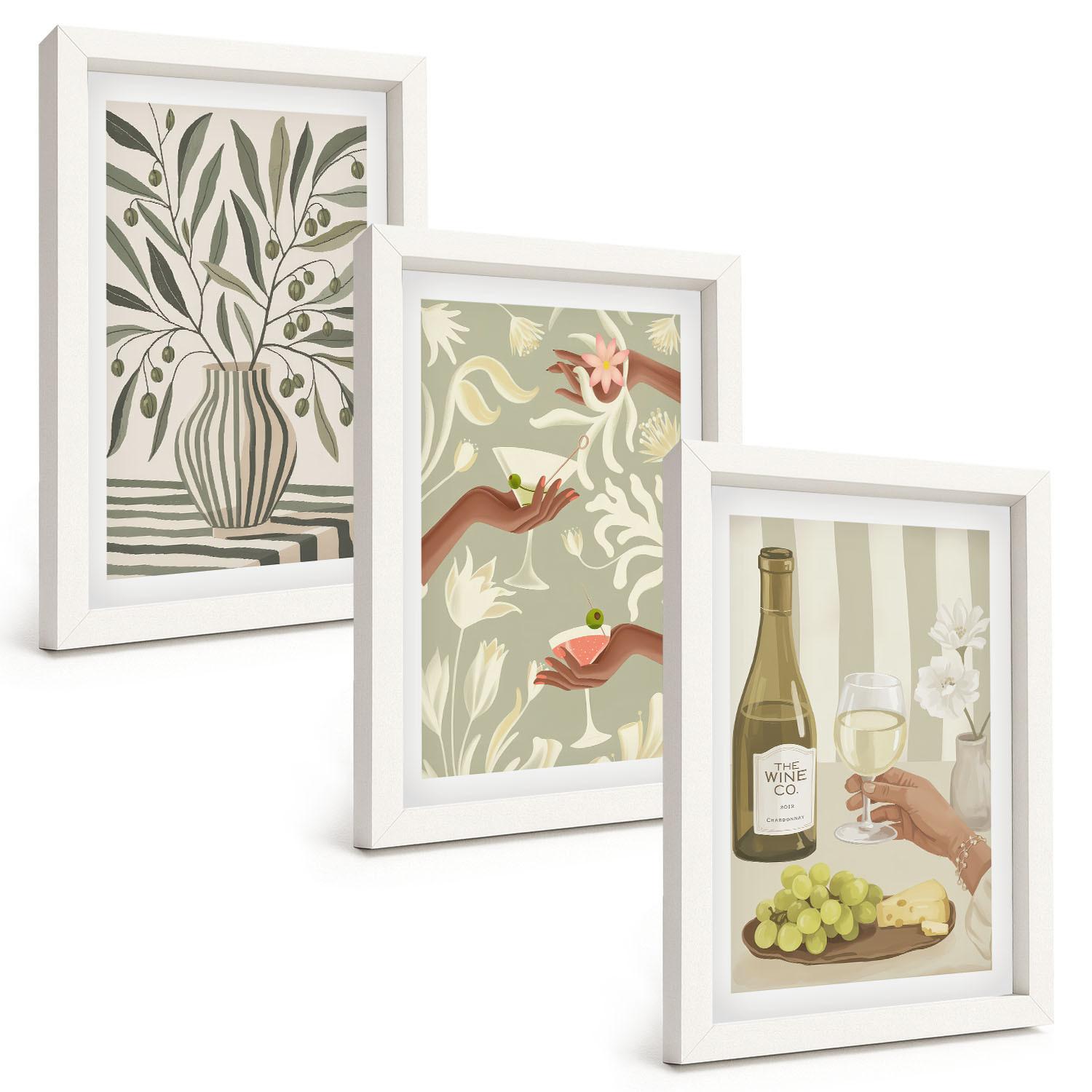 BILDER SET 3er Set - 20x30 cm Weißer Rahmen - Rustikale Cocktails mit Olivenblüten - Weiß, Kunststoff (20/30cm) - TULUP
