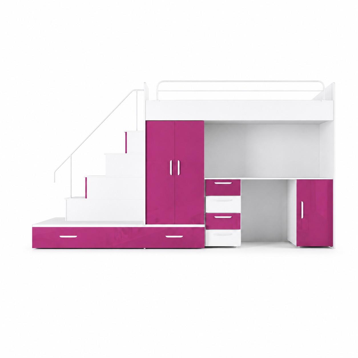 HOCHBETT Set RAJ 5, Hochglanz mit Hochbett, Schrank und Schreibtisch - Magenta/Weiß, Holzwerkstoff (320/180/86cm) - Lookway