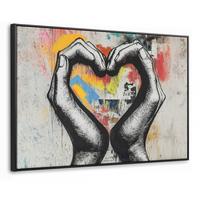 LEINWAND Bilder mit Rahmen - Hände - Herz - Straßenkunst - Graffiti - 90x60 - Multicolor, Textil (90/60cm) - MuchoWow