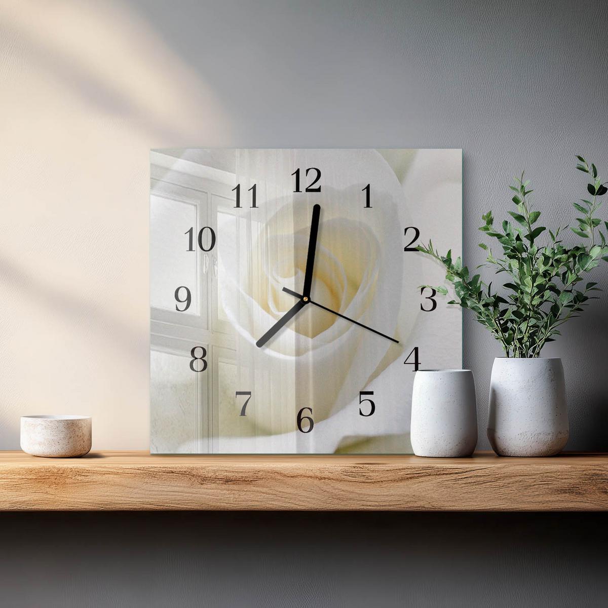 WANDUHR aus Glas 30x30 cm - Weiße Rose - Weiß, Glas (30/30/0.4cm) - TULUP