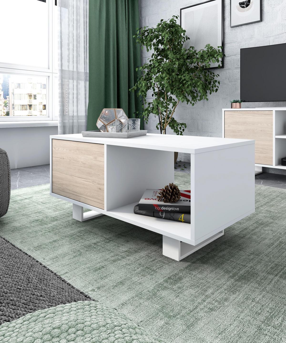 COUCHTISCH WIND, 2 Türen, weiß, eiche, 92/50/45cm - Beige/Weiß, Holzwerkstoff (92/50/45cm) - Skraut Home