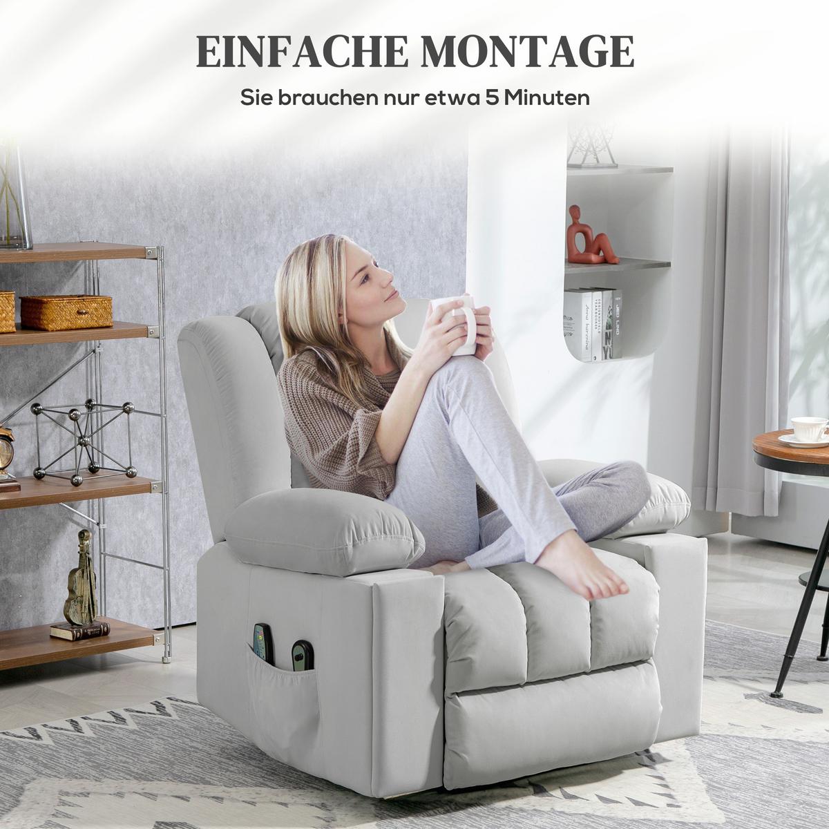 FERNSEHSESSEL mit Aufstehhilfe Relaxsessel mit Massage-/ Wärme-/Liegefunktion - Hellgrau, Textil (93/104/101cm) - HOMCOM