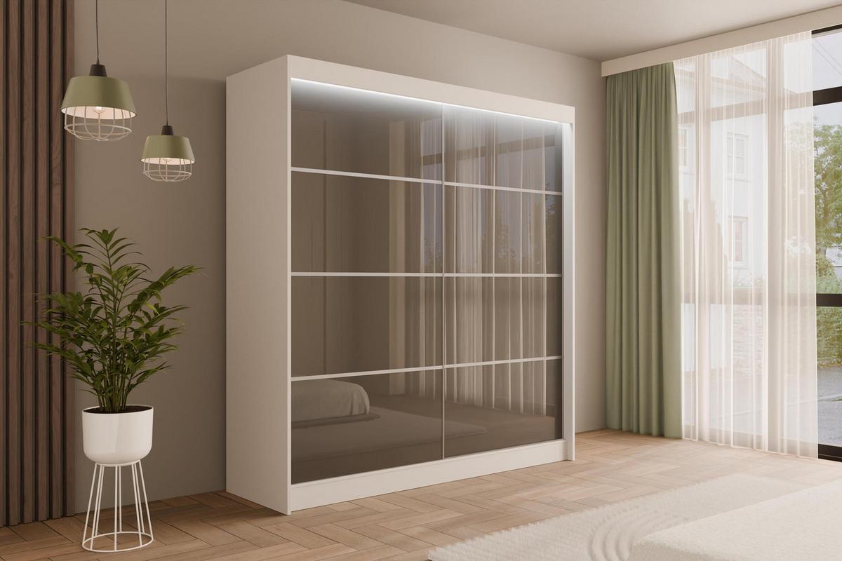 KLEIDERSCHRANK PEKA III mit LED - 200 cm - Weiß|Grau - Weiß/Grau, Holzwerkstoff (200/215/61cm) - ALTDECOR