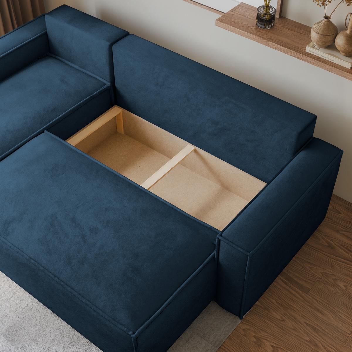ECKSOFA RAVELO M Blau Velours-Stoff mit Schlaffunktion - Blau/Grau, Holz/Kunststoff (240/140cm) - MASSENO