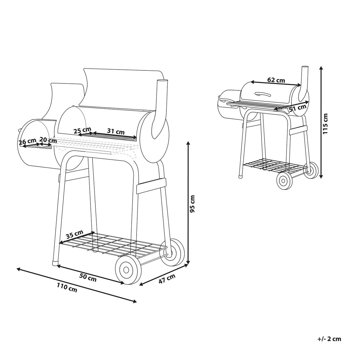 HOLZKOHLEGRILL mit Räucherkammer schwarz rollbar Satah - Schwarz, Metall (110/115/51cm)