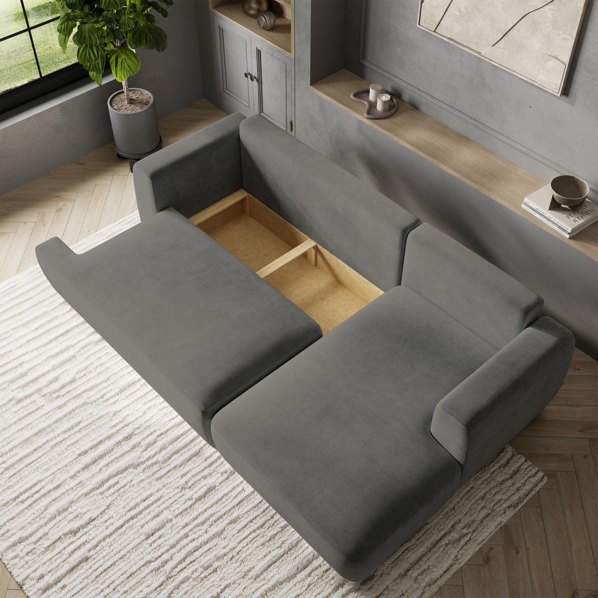 ECKSOFA SENTI K R-S Grau Plüsch-Stoff mit Schlaffunktion - Schwarz/Grau, Holz/Kunststoff (246/148cm) - MASSENO