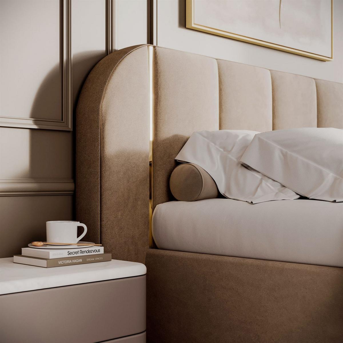 BETT AMARA GOLD 180x200 gepolstert mit Stauraum und Lattenrost, Royal Velvet 170 - Beige, Textil (180/200cm) - Lookway