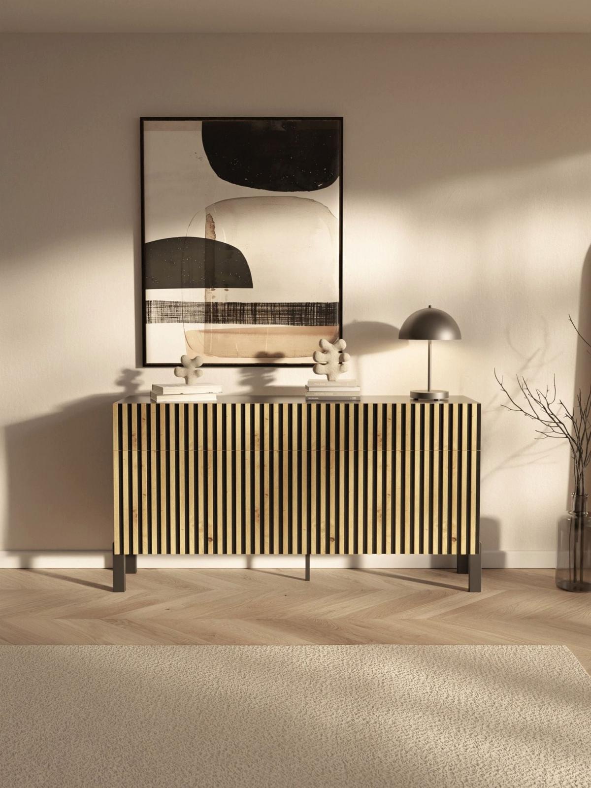 SIDEBOARD Telire 3-türig Schwarz / Artisan Eiche-Optik, 154 cm - Eichefarben/Schwarz, Holzwerkstoff/Metall (154/80.4/34cm) - Selsey