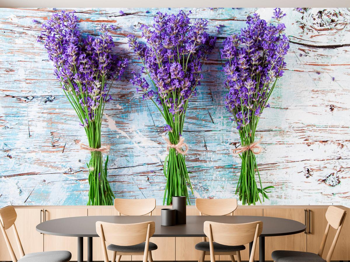 FOTOTAPETE für Küche Lavendelblüten Lila Holz Rustikal 300x210 - Violett/Weiß, Papier (300/210cm) - Muralo