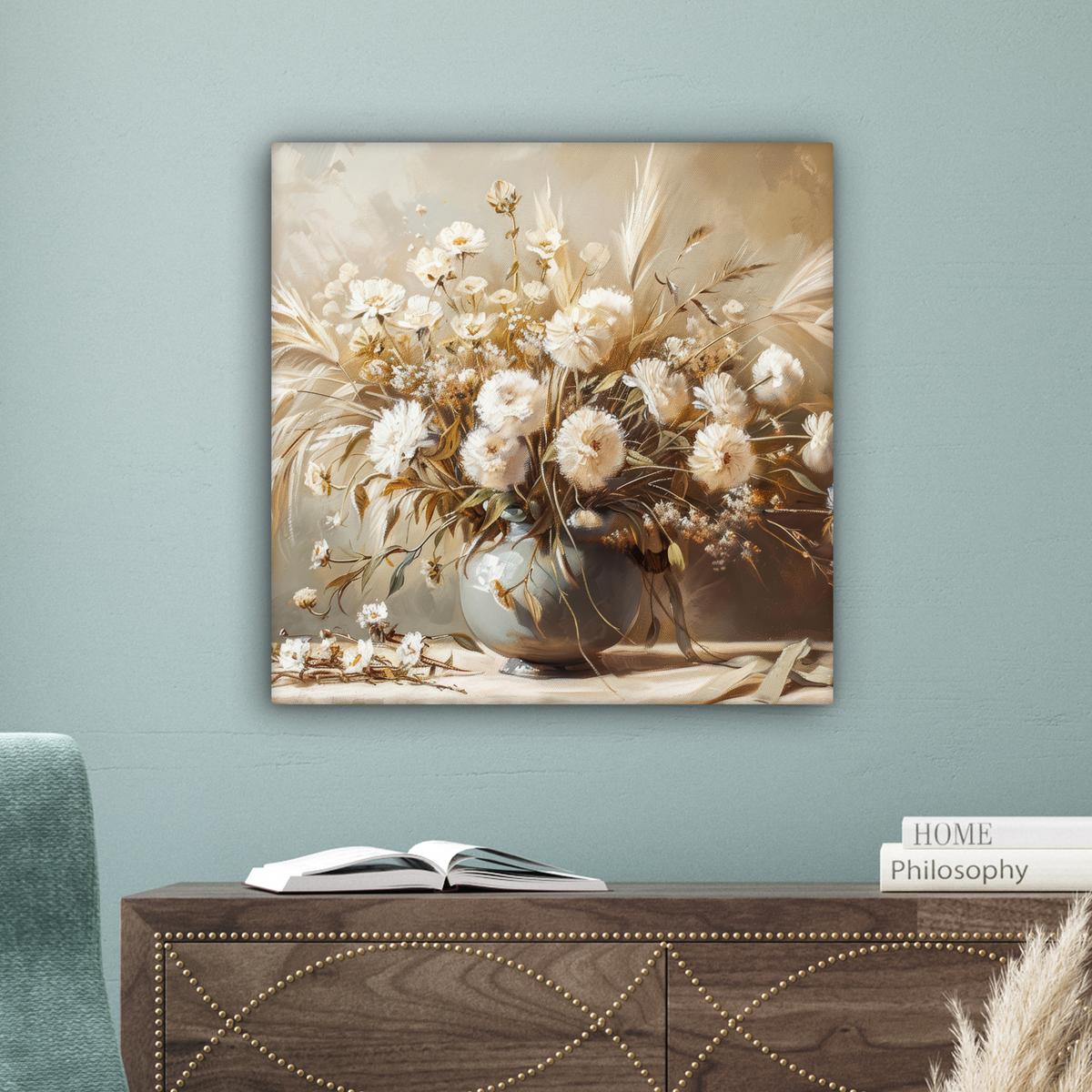 LEINWANDBILD Blumen - Vase - Stilleben - Beige Wandbild Wohnzimmer 50x50 cm - Creme, Textil (50/50cm) - MuchoWow