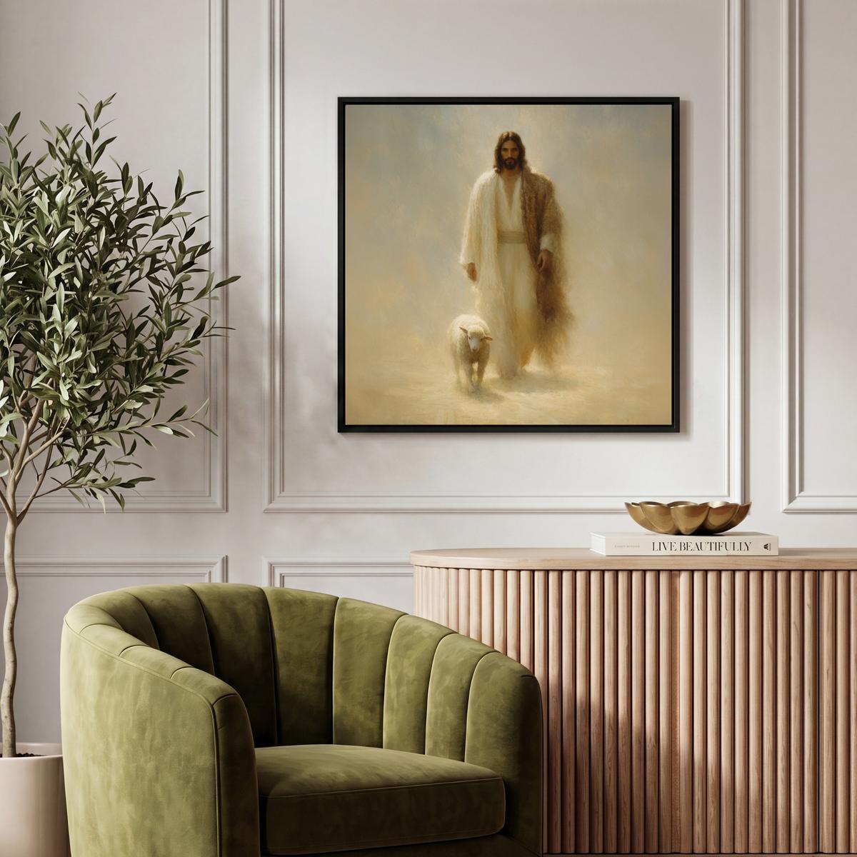 LEINWAND Bilder mit Rahmen - Schaf - Jesus - Pinselstriche - Abstrakt - 50x50 - Beige, Textil (50/50cm) - MuchoWow