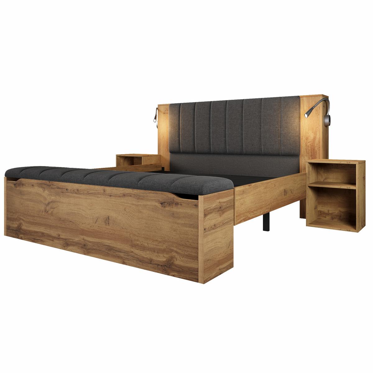 POLSTERBETT eiche-optik & leinen 160X200 mit nachttischen & bettbank - Eichefarben, Holz (160/200cm) - Urban Meuble