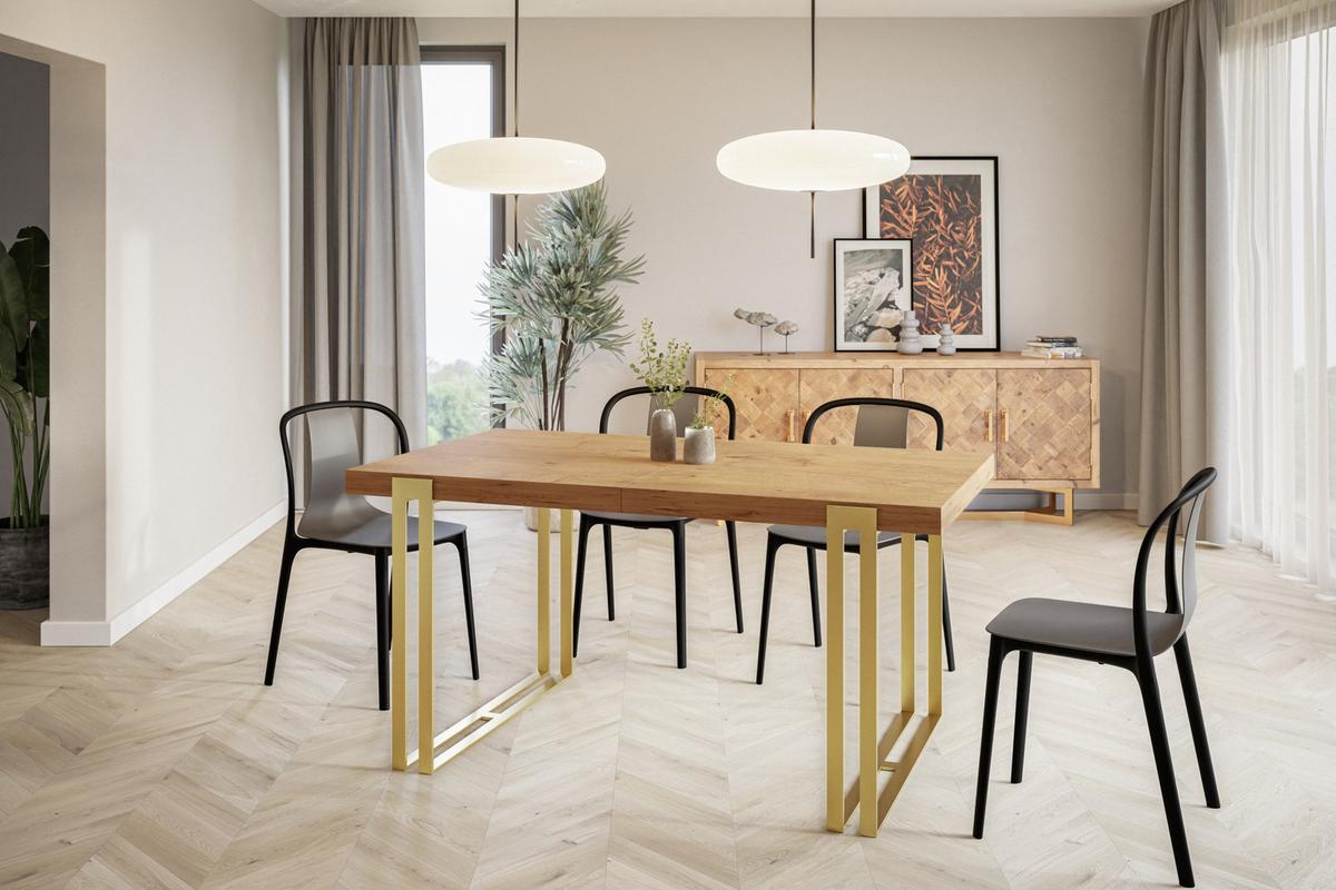 RECHTECKIGER Esszimmertisch ROSA, ausziehbarer Tisch, Größe: 120-220X80X77 cm, Wohnzimmertisch Farbe: LANCELOT, mit Metallbeinen in Farbe Gold - Beige/Goldfarben, Holzwerkstoff (120/80/77cm) - Alpi-Möbel