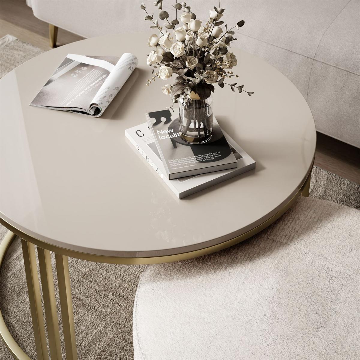 COUCHTISCH mit Hocker LORI Hochglanz gebürstetes Gold/glänzender Kaschmir/Perfect Harmony 01 - Kaschmir, Metall (70/70/49cm) - Lookway