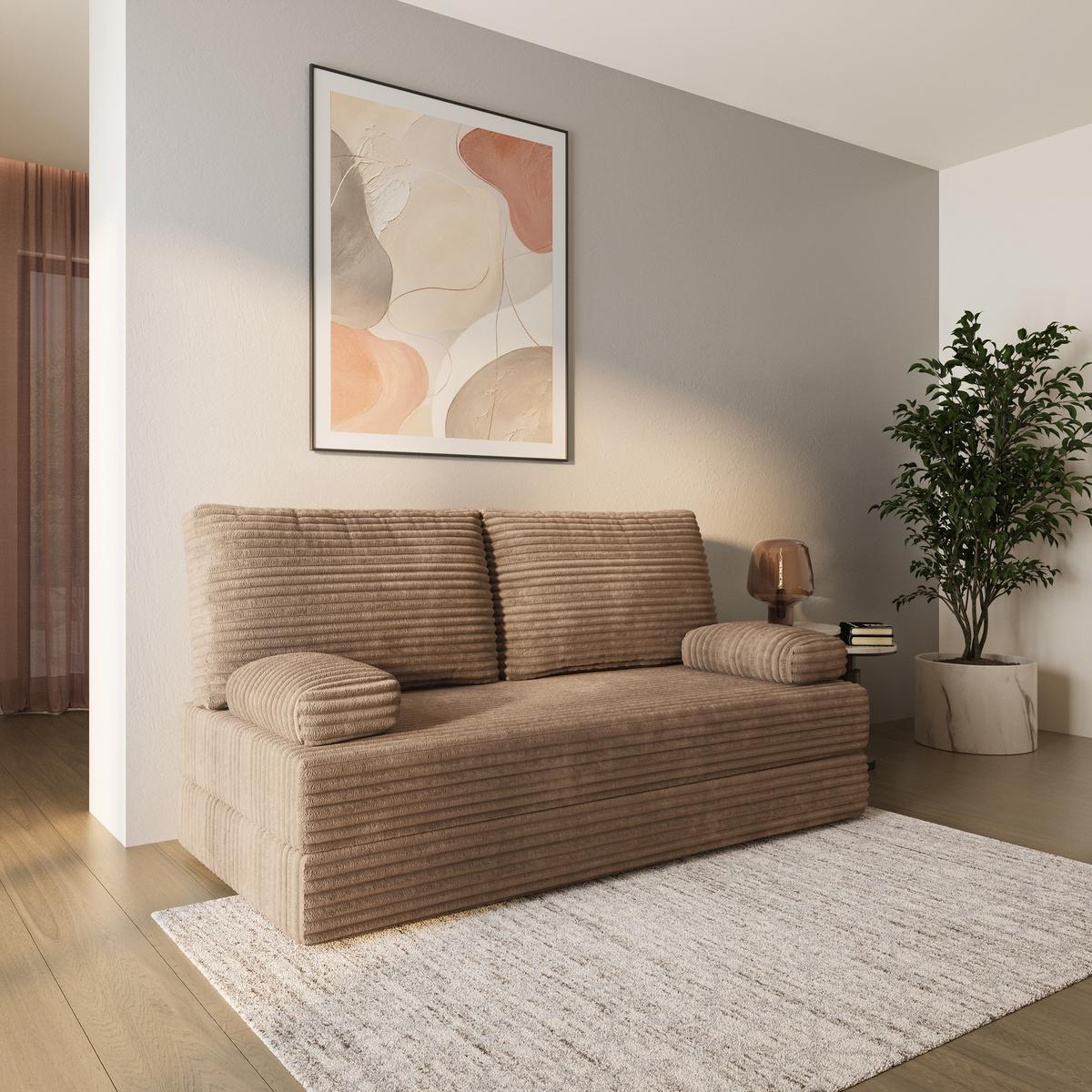 BETTSOFA SILAR aus Schaumstoff Kordstoff Beige Schlaffunktion - Beige, Textil (170/86/80cm) - MASSENO