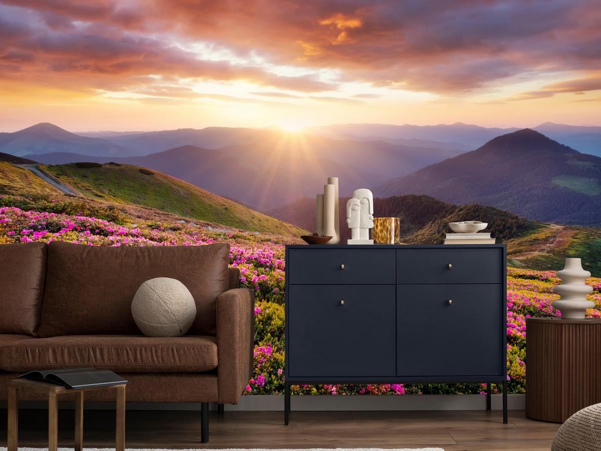 FOTOTAPETE für Wohnzimmer Sonnenuntergang Berge Wiese Blumen 400x280 - Violett/Rosa, Papier (400/280cm) - Muralo