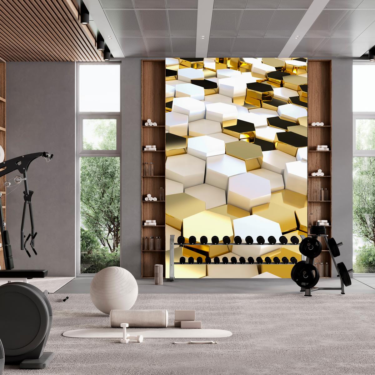 FOTOTAPETE für Büro Futuristisch Goldene Hexagone Formen Geometrie 350x256 - Gelb/Goldfarben, Papier (350/256cm) - Muralo