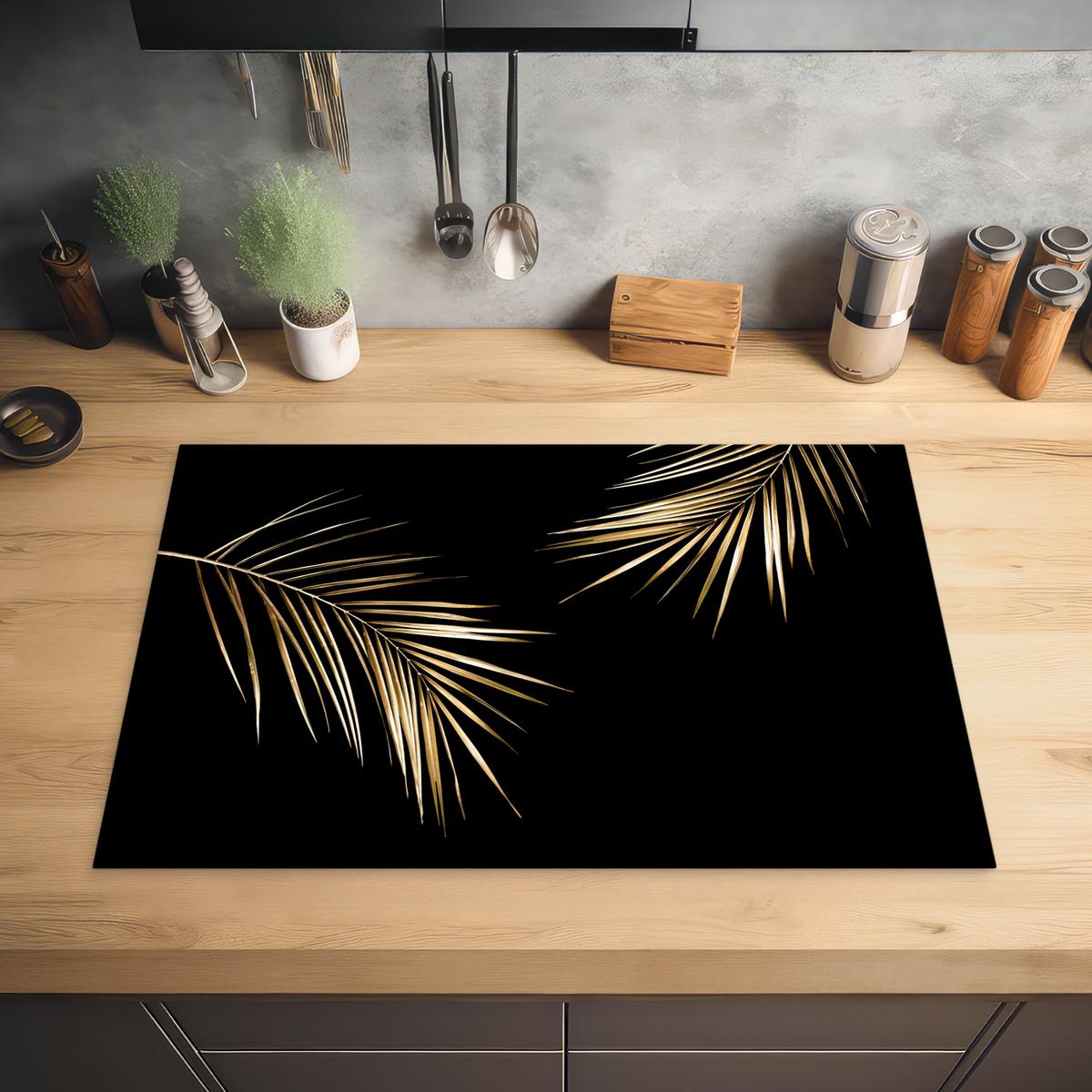 HERDABDECKPLATTE Blätter - Pflanzen - Gold - Schwarz - Luxus Ceranfeldabdeckung 78x52 cm - Goldfarben, Kunststoff (78/52/0.2cm) - MuchoWow