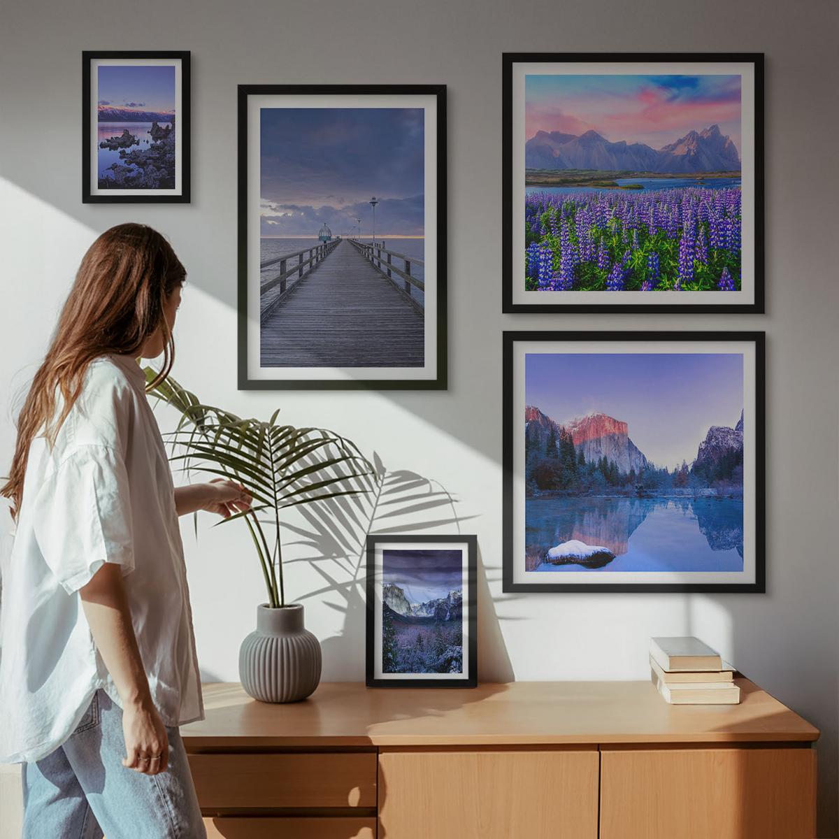BILDER SET 5er Set - 50x50 cm & 20x30 cm & 40x60 cm Schwarzer Rahmen - Berglandschaften, Wasser, Blumenfeld - Schwarz, Kunststoff (40/60cm) - TULUP