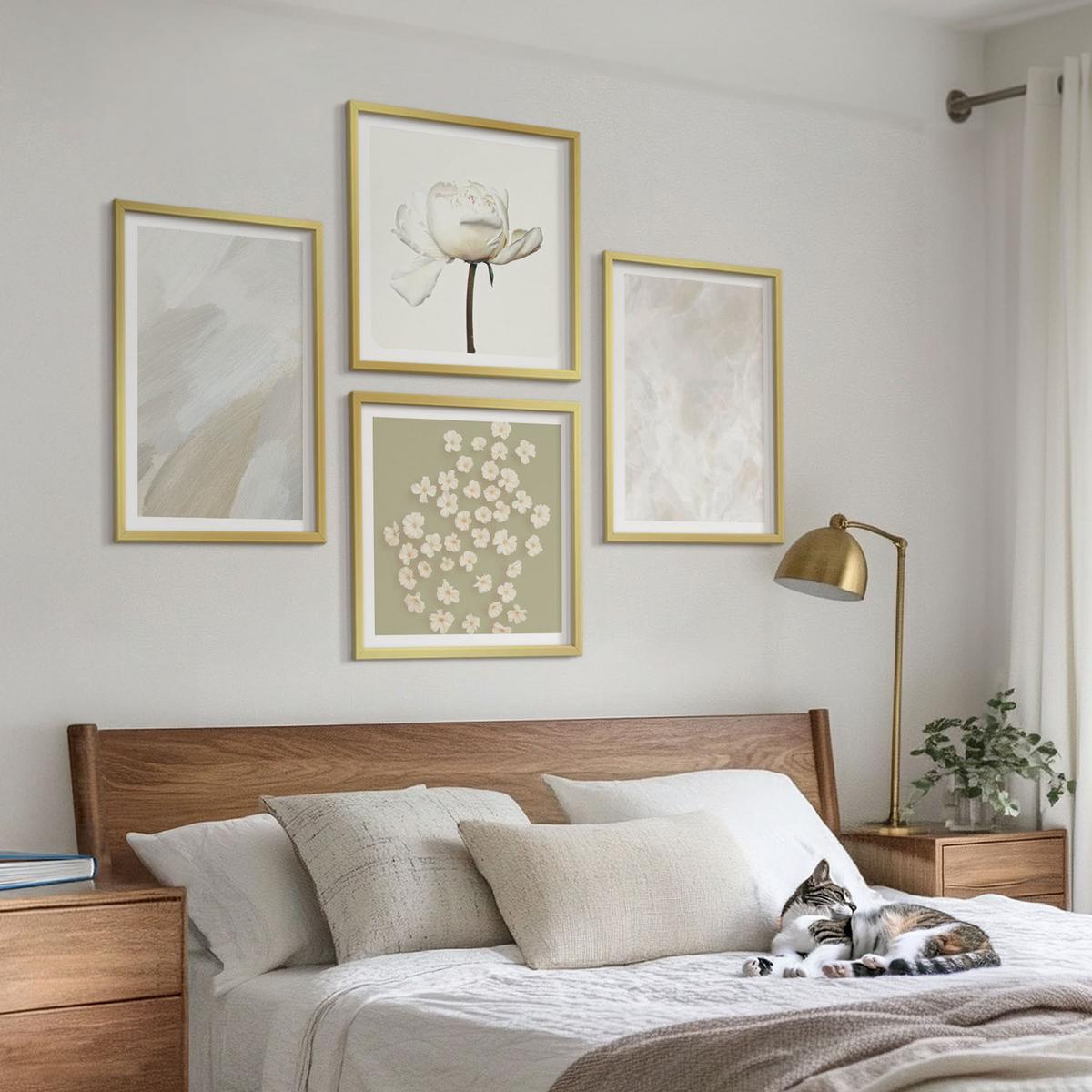 BILDER SET 4er Set - 50x50 cm & 40x60 cm Goldrahmen - Blumen, modische Boho-Texturen - Goldfarben, Kunststoff (50/50cm) - TULUP