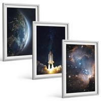 BILDER SET 3er Set - 40x60 cm Silberner Rahmen - Weltraum Erde Rakete Galaxie - Silberfarben, Kunststoff (40/60cm) - TULUP