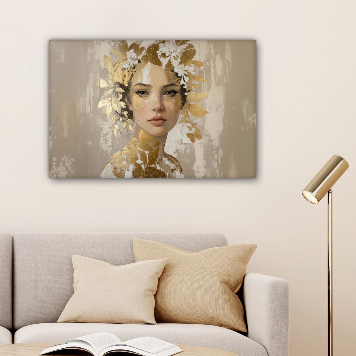 LEINWANDBILD Gesicht - Frau - Blätter - Gold Gemälde 60x40 cm - Beige, Textil (60/40cm) - MuchoWow