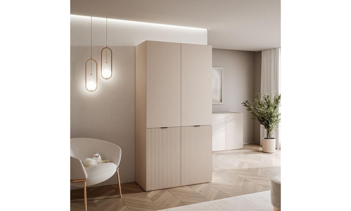 KLEIDERSCHRANK SANDBOX 100 101/49/200 cm Beige Sand / Beige Sand mit LED 4 Zusatzböden - Sandfarben/Schwarz, Holzwerkstoff/Kunststoff (101/200/49cm) - Lookway