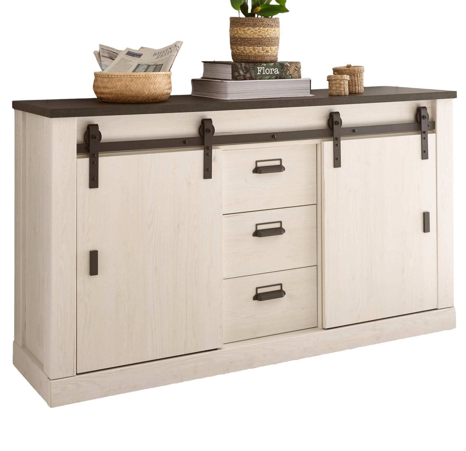 SIDEBOARD weiß Pinie, anthrazit Landhaus, Kommode 162 x 91 cm - Anthrazit/Weiß, Holzwerkstoff/Metall (162/91/43cm) - Furn.Design