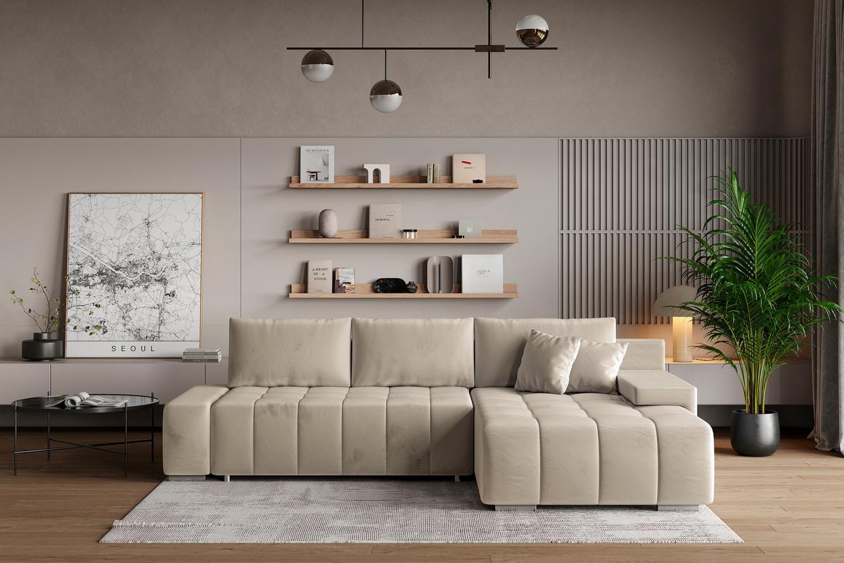 ECKSOFA ALESE R-S Creme Velours-Stoff mit Schlaffunktion - Silberfarben/Creme, Holz/Textil (265/185cm) - MASSENO