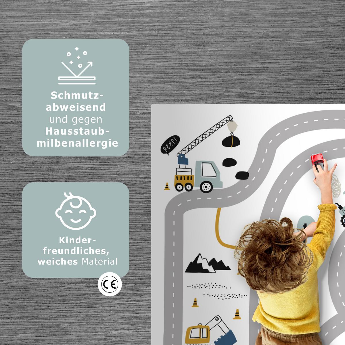 KINDERTEPPICH Baustelle - Bagger - Auto - Regenbogen - Design Spielmatte 135x90 cm - Weiß, Kunststoff (135/0.3cm) - OnlyWow