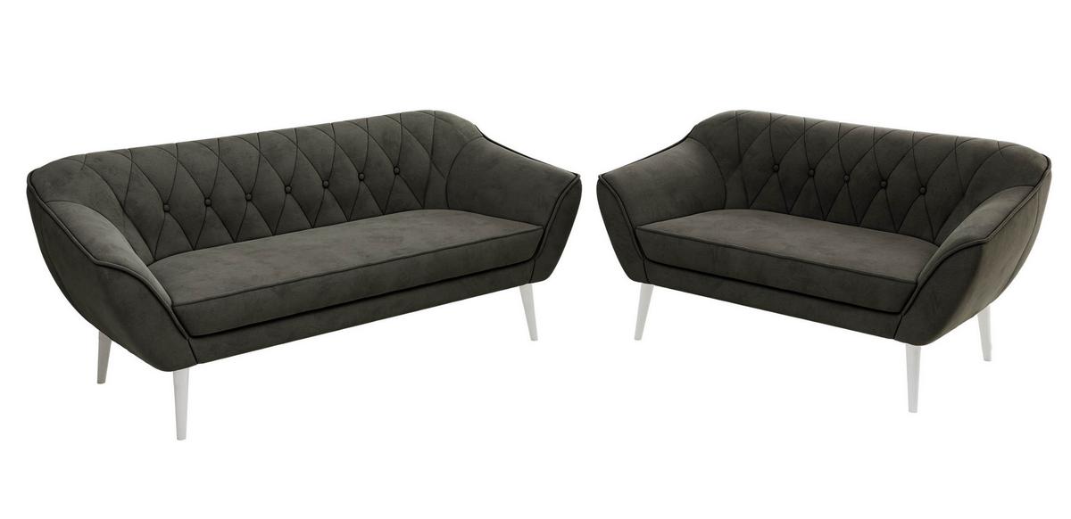 SITZGARNITUR PIRS 3+2 - Dunkelgrau Velvet - Weiße Beine - Dunkelgrau/Weiß, Holzwerkstoff/Textil (180/75/74cm) - MKS
