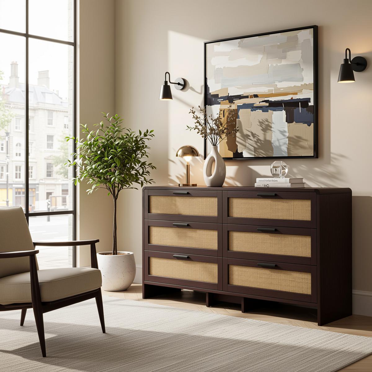 SIDEBOARD holzwerkstoff in rotbraun mit rattan-geflecht, abgerundete ecken & 6 schubladen - Walnussfarben, Holzwerkstoff (130/74/40cm) - Urban Meuble