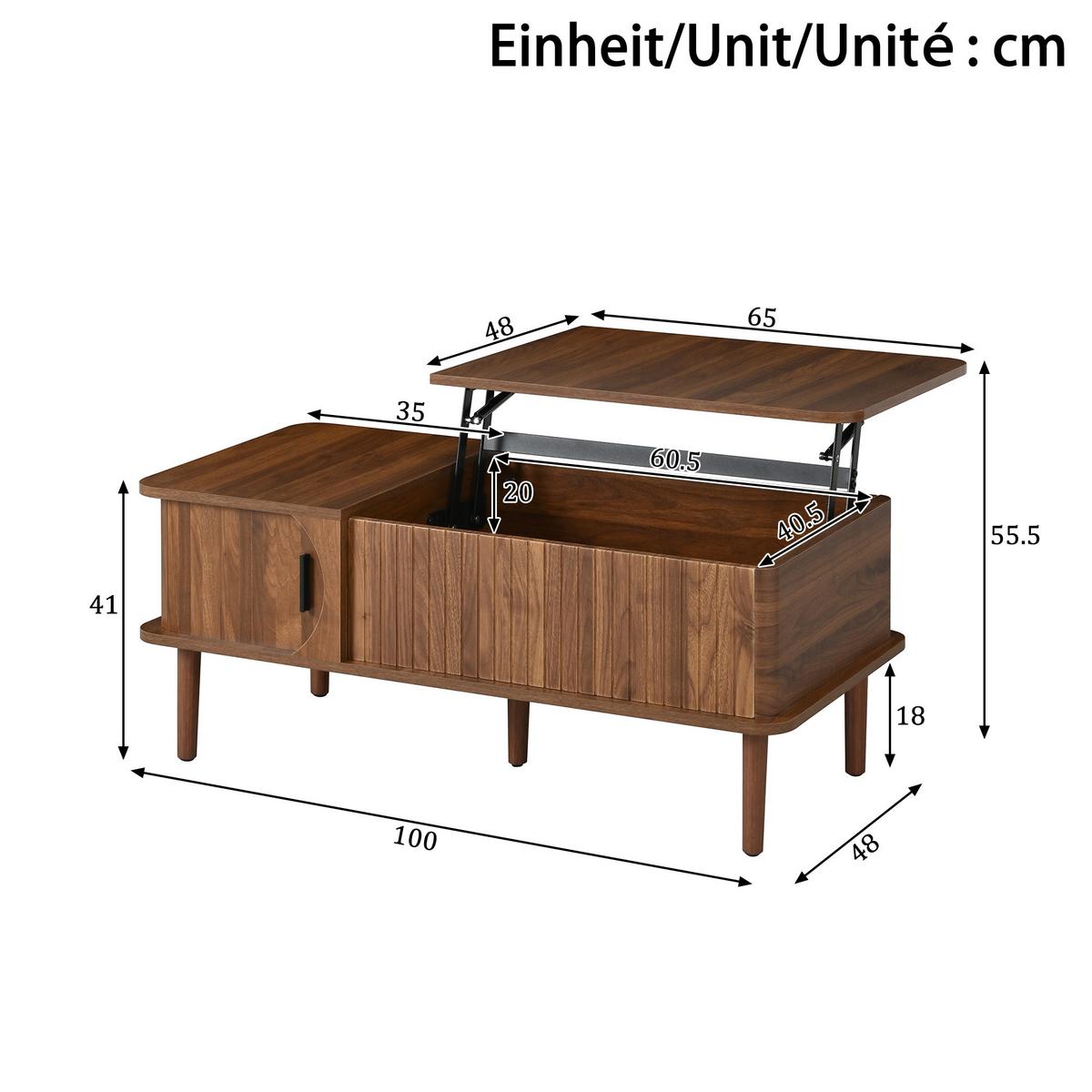 COUCHTISCH walnuss-optik & vertikale rillen mit lift-funktion & schiebetür - Walnussfarben, Holzwerkstoff (48/100/55.5cm) - Urban Meuble