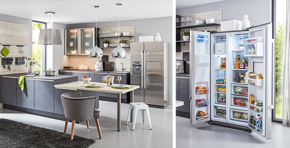 Küche in Grau mit großem Side-by-Side Kühlschrank für extra viel Platz.