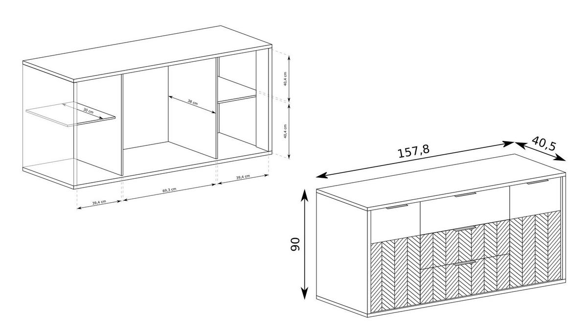 KOMMODE CARINI 158/90/40,6cm mit 3 Schubladen 2 Türen Eichefarben - Eichefarben, Holzwerkstoff (158/90/40.6cm) - MASSENO