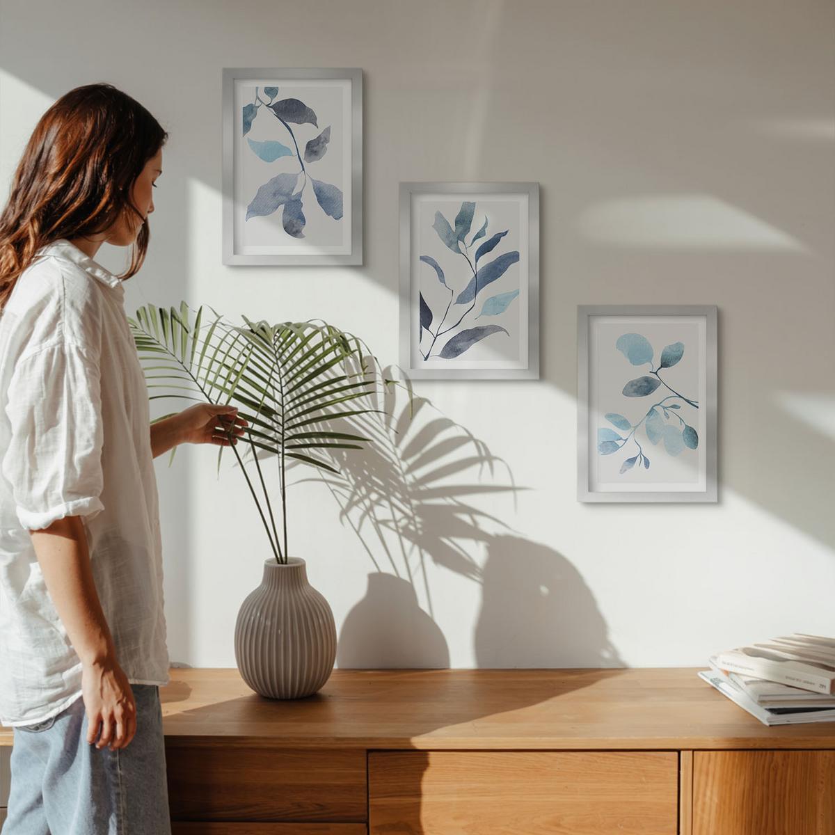 BILDER SET 3er Set - 20x30 cm Silberner Rahmen - Aquarell von blauen Blättern - Silberfarben, Kunststoff (20/30cm) - TULUP