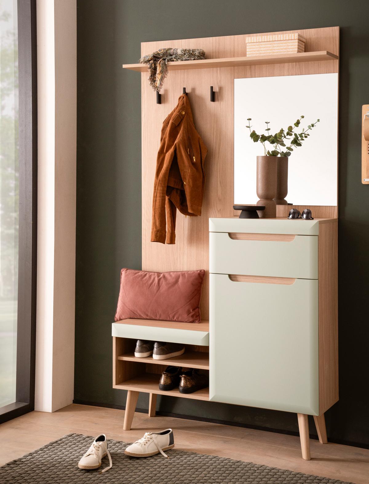 GARDEROBEN-SET Pistazie matt, Scandi Eiche, Kompaktgarderobe skandinavisch 110 x 197 cm - Eichefarben/Pastellgrün, Glas/Holz (107/197/34cm) - Furn.Design