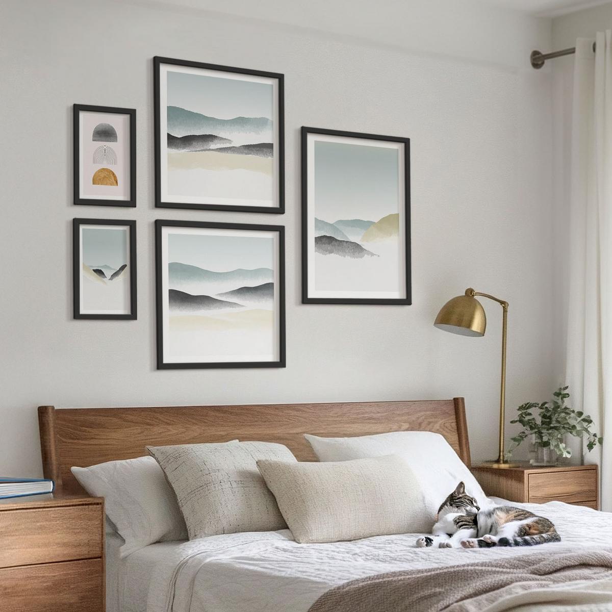 BILDER SET 5er Set - 50x50 cm & 20x30 cm & 40x60 cm Schwarzer Rahmen - Wellen – Japanische Kunstgrafik - Schwarz, Kunststoff (40/60cm) - TULUP