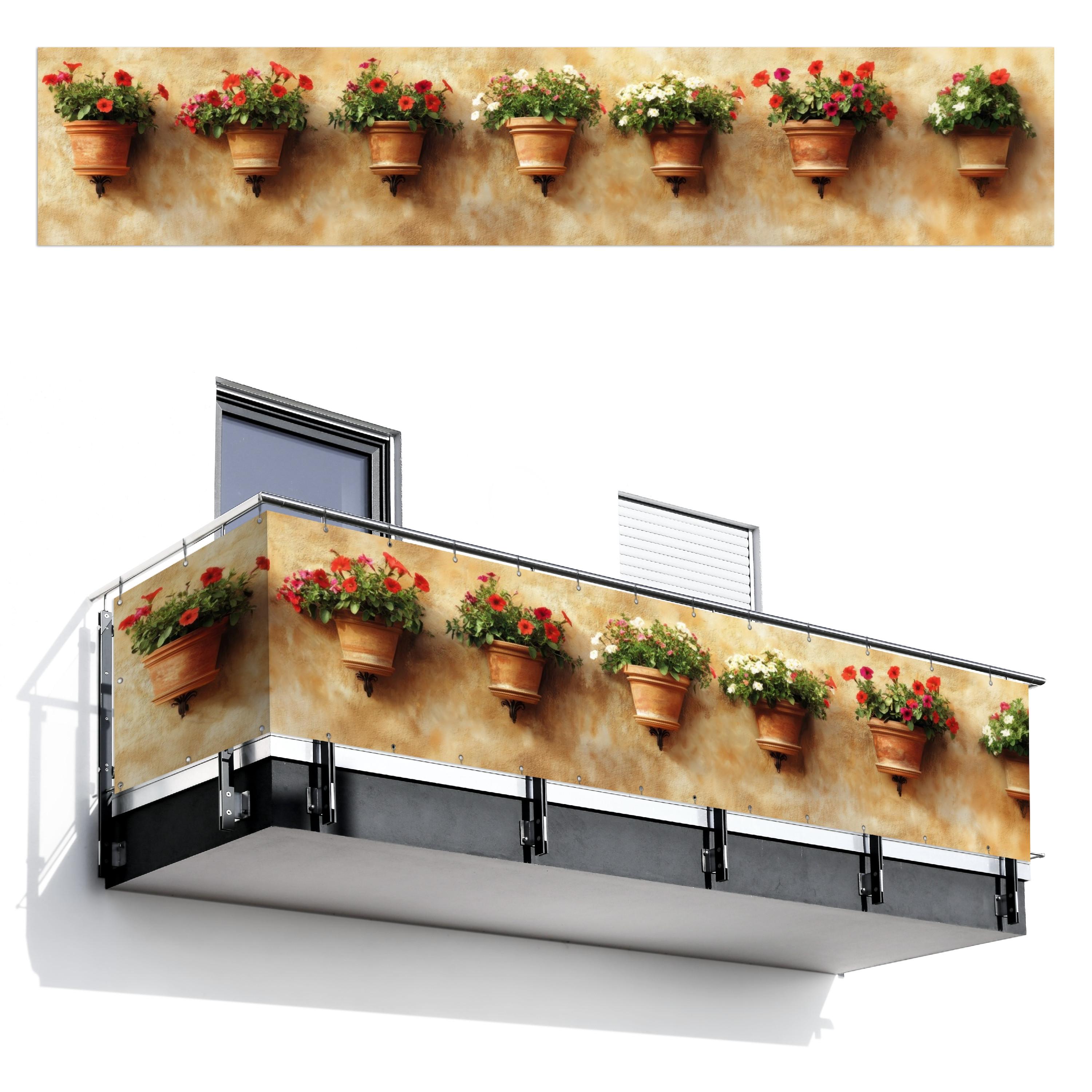 BALKON-SICHTSCHUTZ Blumentöpfe - Wand - Vintage Deko XXL 500x100 cm - Terracotta, Kunststoff (500/100cm) - MuchoWow