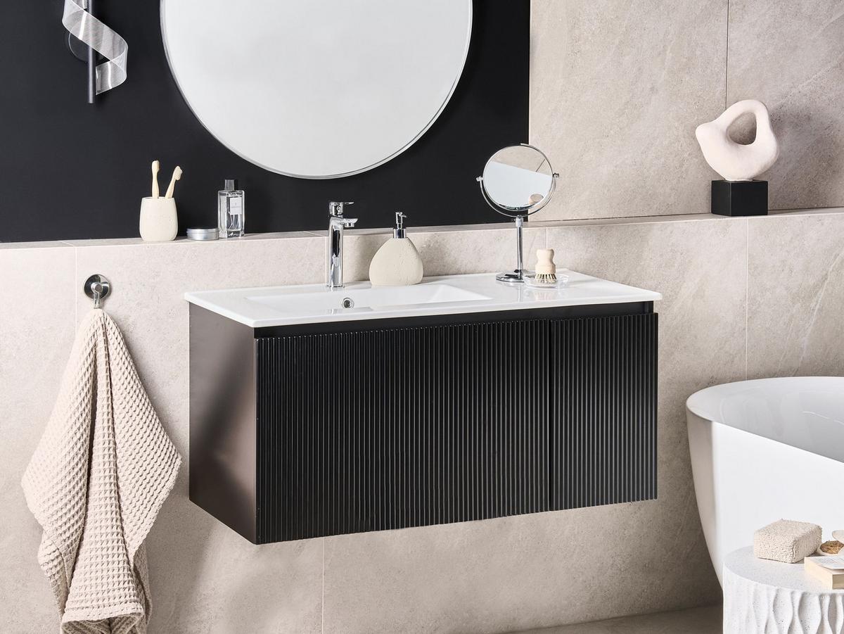 WASCHBECKENUNTERSCHRANK wandmontiertk mit Waschbecken Schwarz Tiete - Schwarz, Holzwerkstoff (100/46/116cm) - Beliani